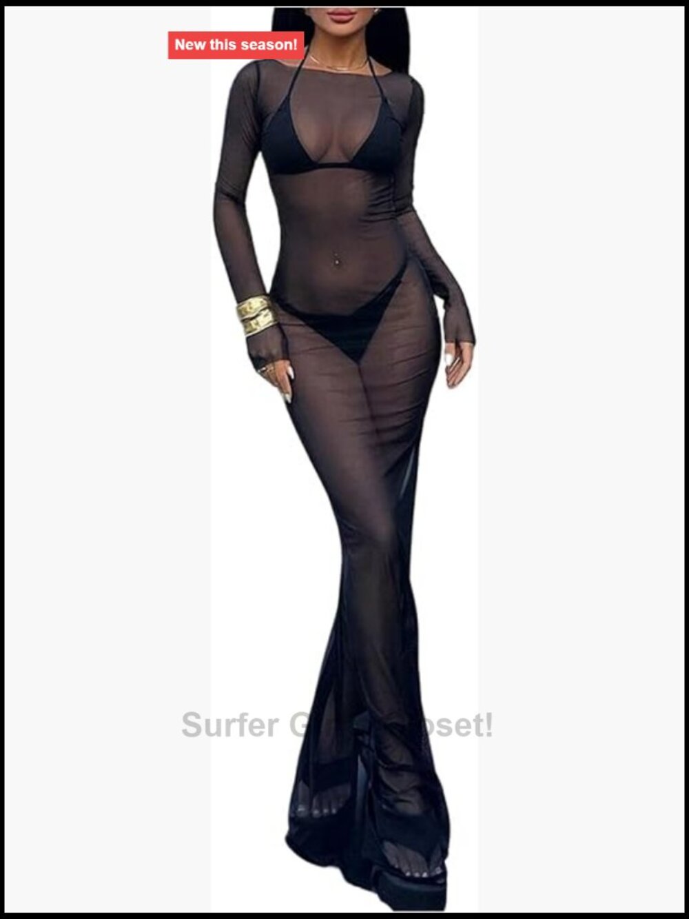 Sheer Mesh Maxi Dress Bodycon Long Sleeve Night Out Club Dress